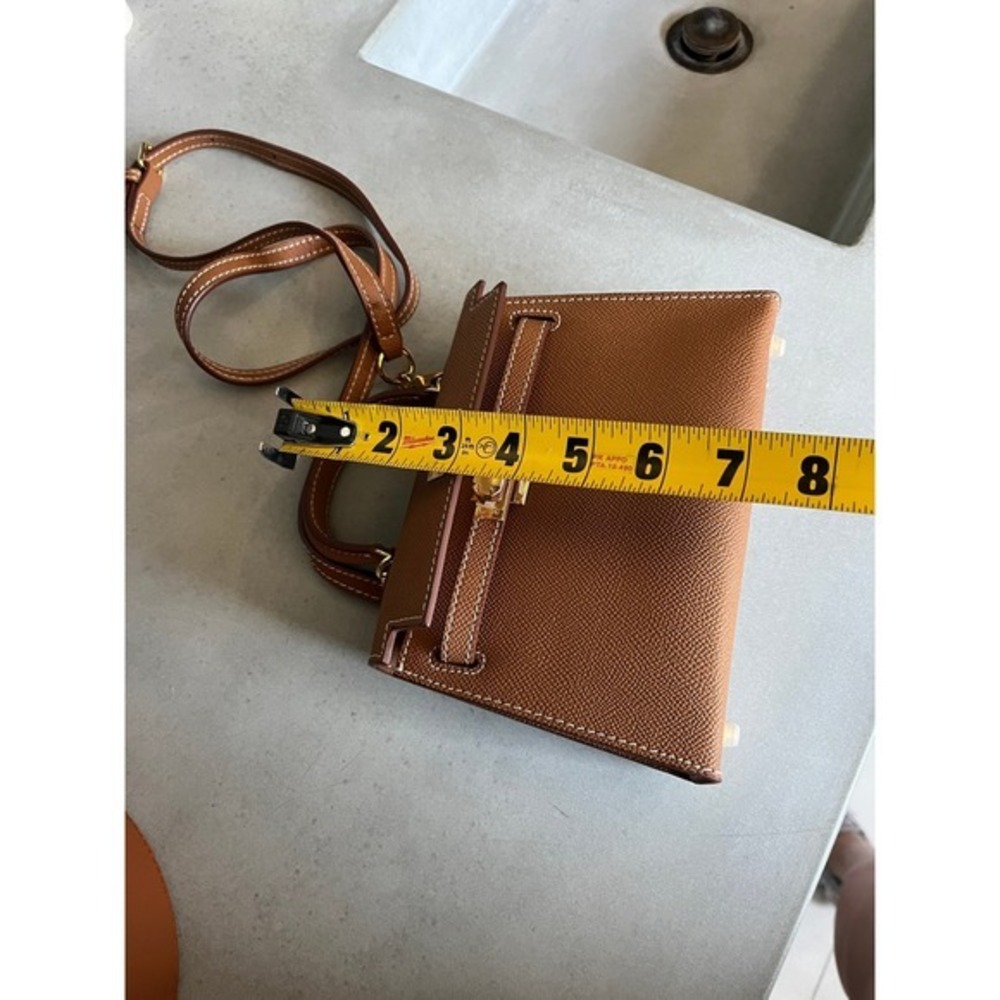 Brown Genuine Leather Mini Top Handle Crossbody Bag Gold Hardware Classic Chic - Picture 11 of 12